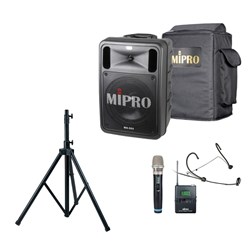 Mipro MA505R2DPM3 Portable PA Pack w/ Wireless Handheld & Headset Mic, Carry Bag & Stand